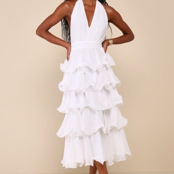 Lulus Exceedingly Gorgeous White Tiered Halter Midi Dress - Size S - Picture 1 of 5